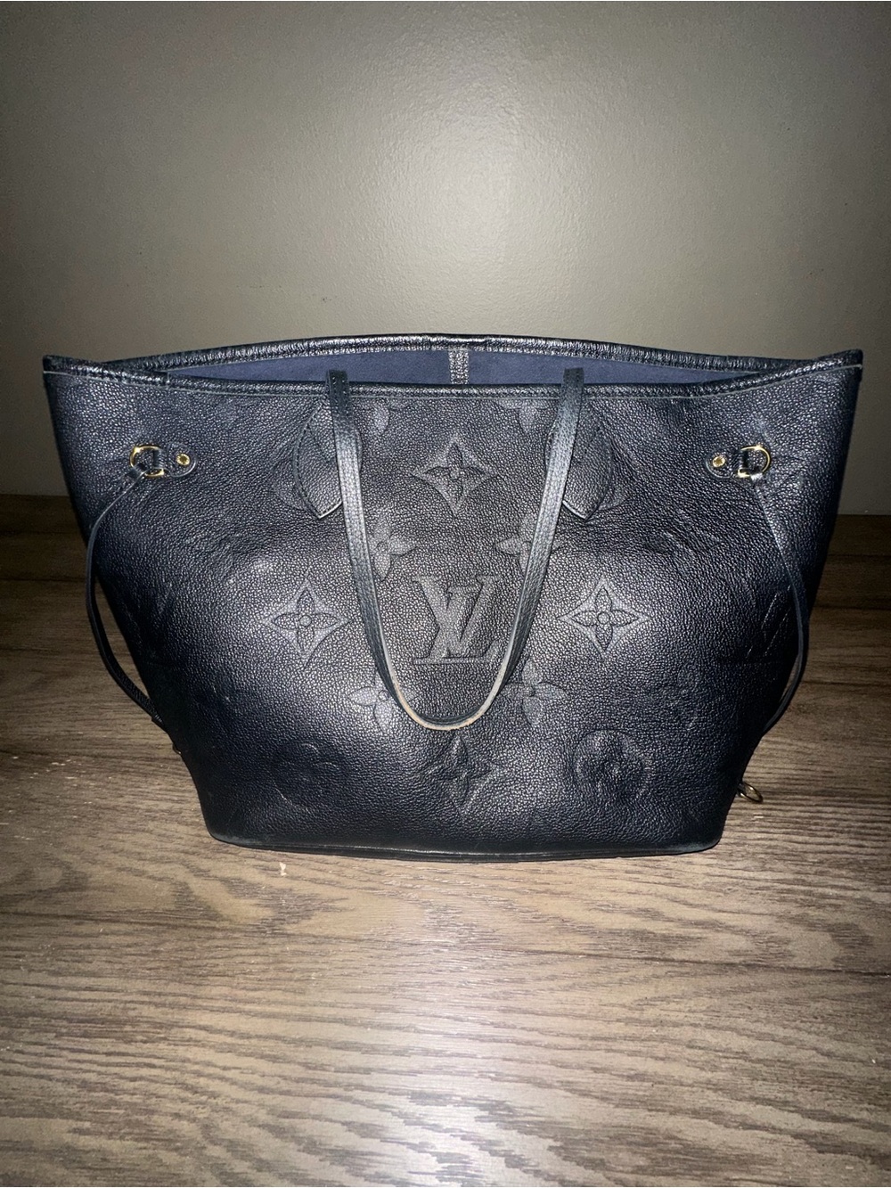 Louis Vuitton Black Embossed Monogram Tote with Gold Accents